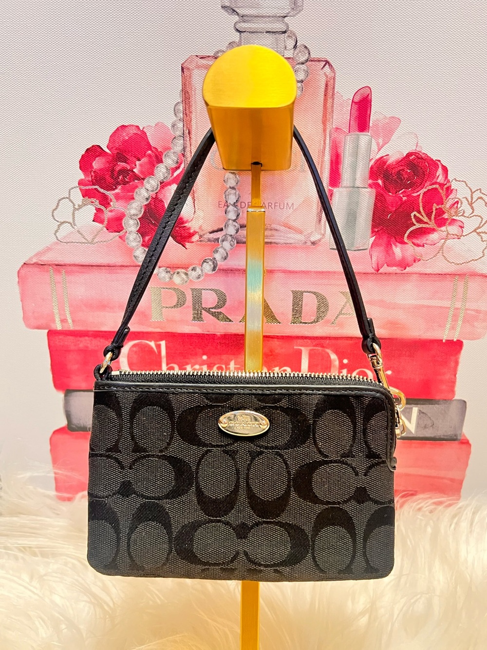 Coach Black Signature Canvas Wristlet with Gold Plaque